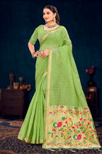 Sangam Prints Parrot Green Cotton Blend Woven Work Traditional Saree | Grocsy