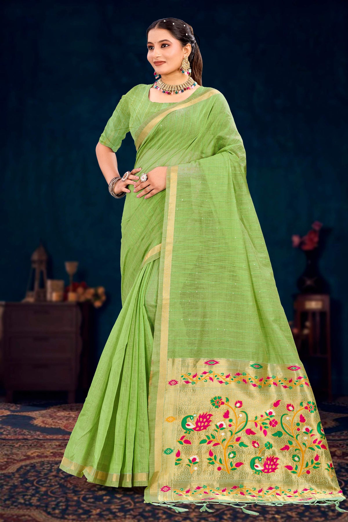 Sangam Prints Parrot Green Cotton Blend Woven Work Traditional Saree | Grocsy