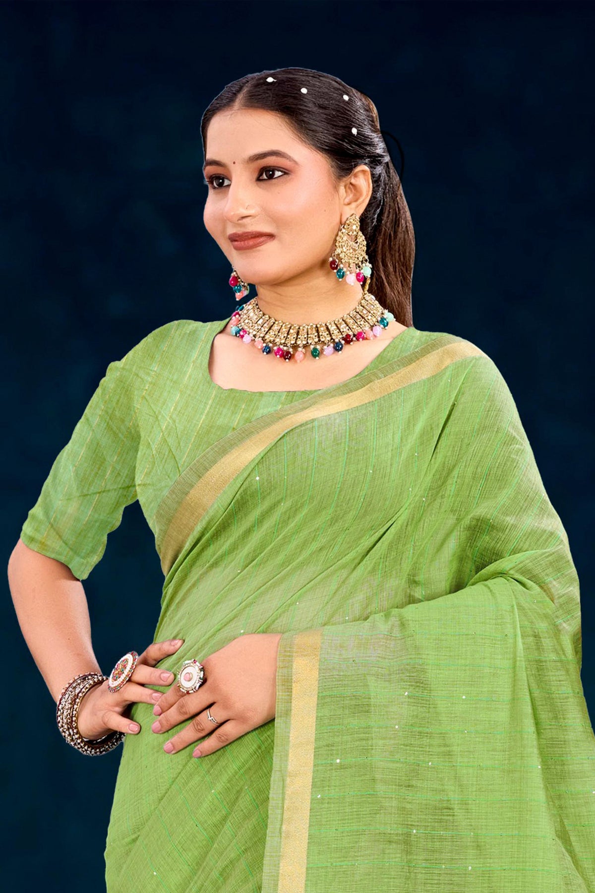 Sangam Prints Parrot Green Cotton Blend Woven Work Traditional Saree | Grocsy