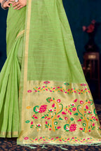 Sangam Prints Parrot Green Cotton Blend Woven Work Traditional Saree | Grocsy