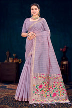 Sangam Prints Dusty Lavender Cotton Blend Woven Work Traditional Saree | Grocsy