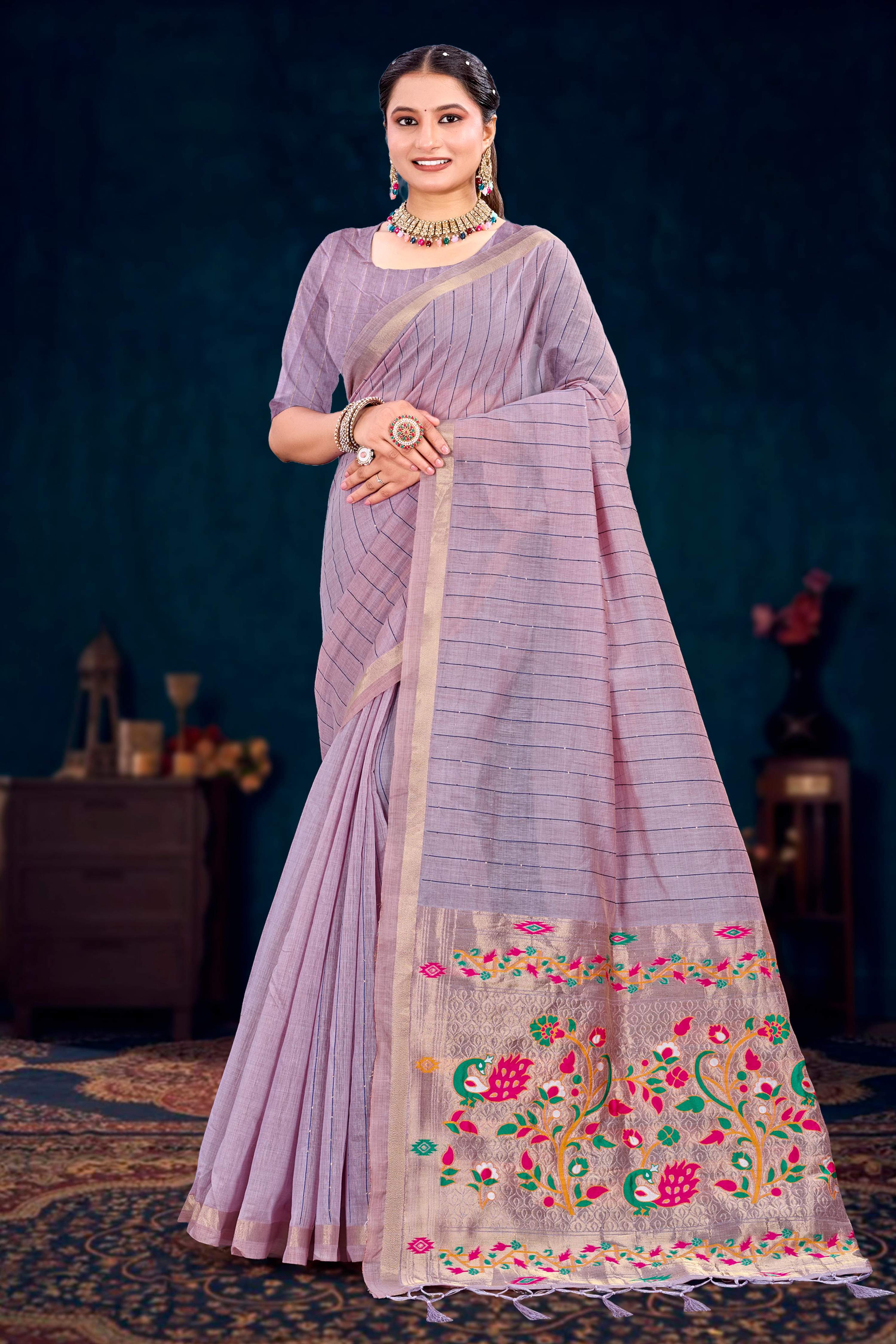 Sangam Prints Dusty Lavender Cotton Blend Woven Work Traditional Saree | Grocsy