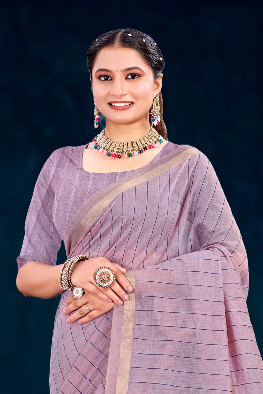 Sangam Prints Dusty Lavender Cotton Blend Woven Work Traditional Saree | Grocsy