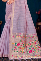 Sangam Prints Dusty Lavender Cotton Blend Woven Work Traditional Saree | Grocsy