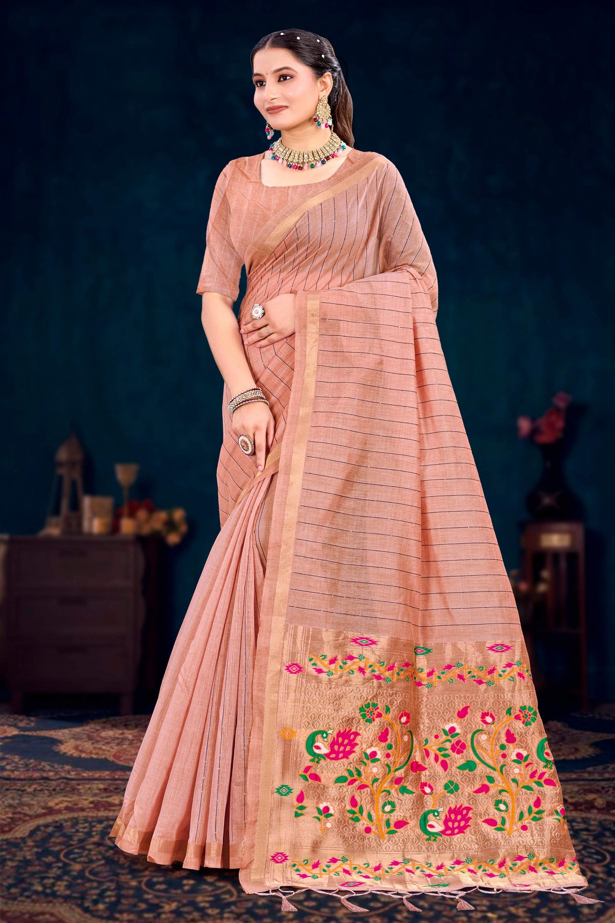 Sangam Prints Rose Peach Cotton Blend Woven Work Traditional Saree | Grocsy