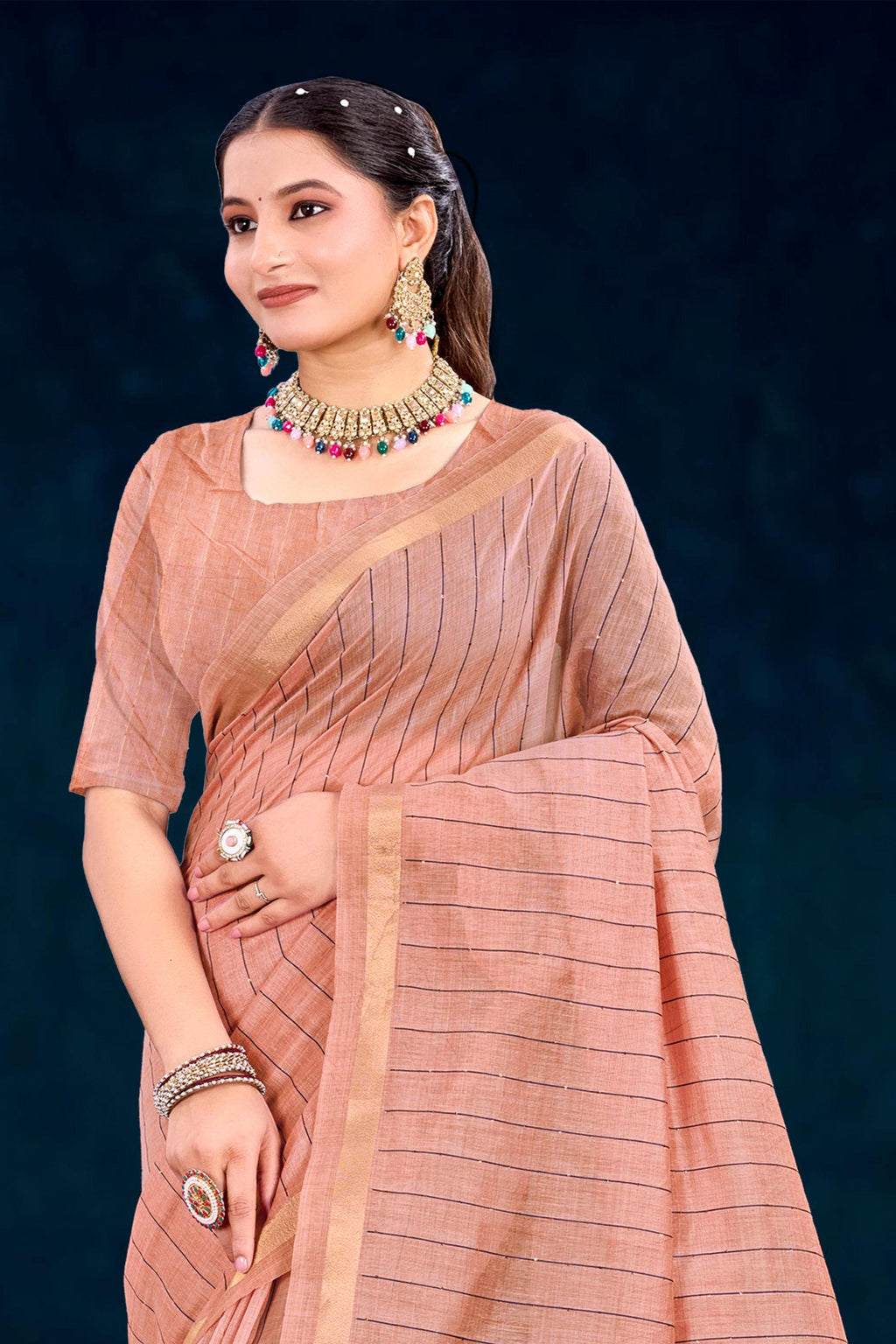 Sangam Prints Rose Peach Cotton Blend Woven Work Traditional Saree | Grocsy