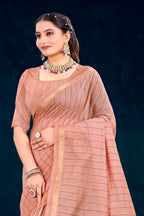 Sangam Prints Rose Peach Cotton Blend Woven Work Traditional Saree | Grocsy