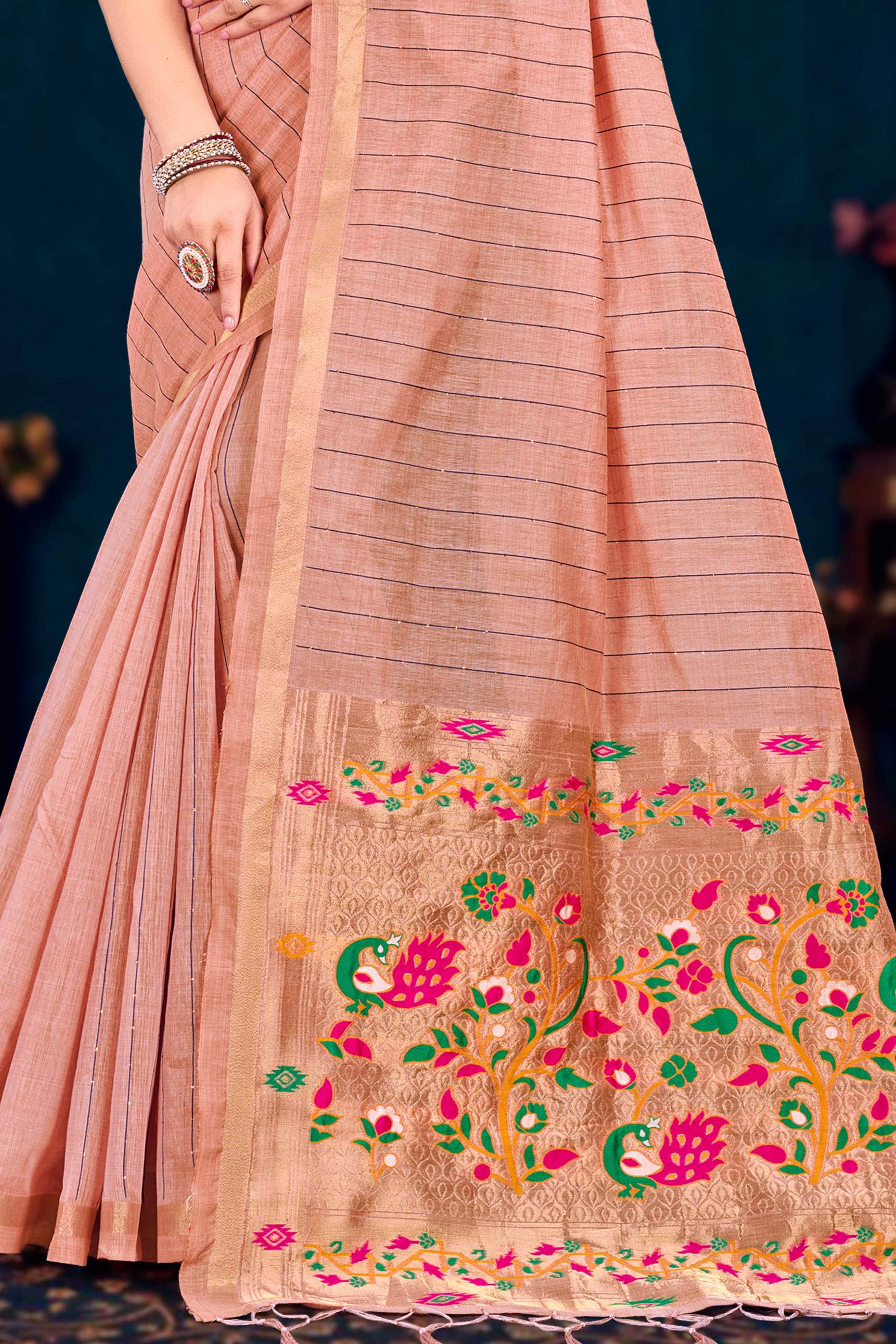 Sangam Prints Rose Peach Cotton Blend Woven Work Traditional Saree | Grocsy