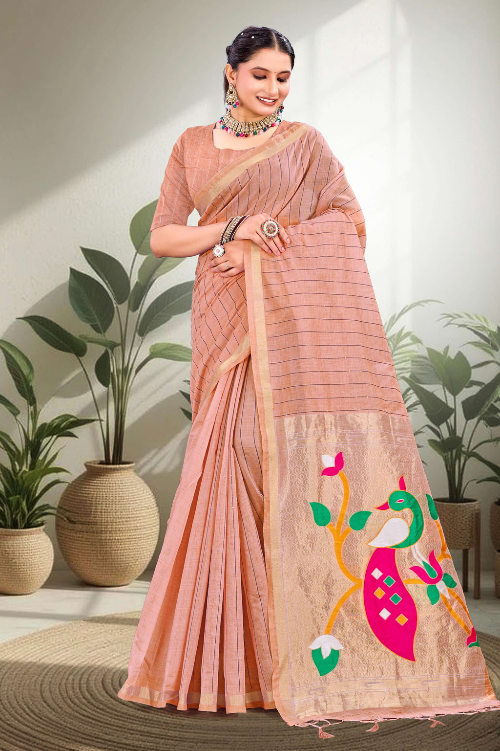 Sangam Prints Coral Peach Cotton Blend Woven Work Traditional Saree | Grocsy