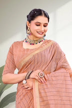 Sangam Prints Coral Peach Cotton Blend Woven Work Traditional Saree | Grocsy
