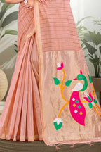 Sangam Prints Coral Peach Cotton Blend Woven Work Traditional Saree | Grocsy