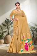 Sangam Prints Mustard Gold Cotton Blend Woven Work Traditional Saree | Grocsy