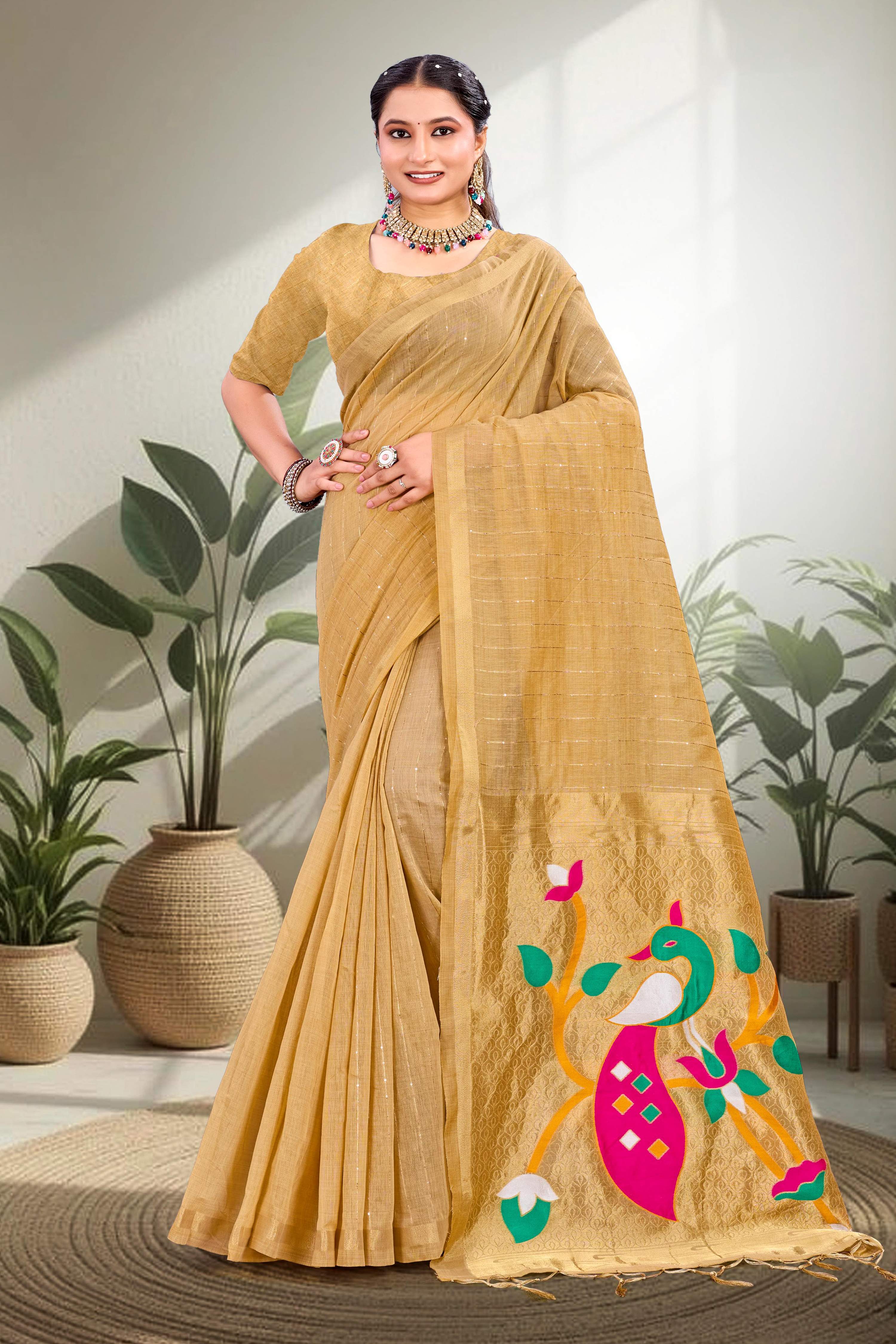 Sangam Prints Mustard Gold Cotton Blend Woven Work Traditional Saree | Grocsy