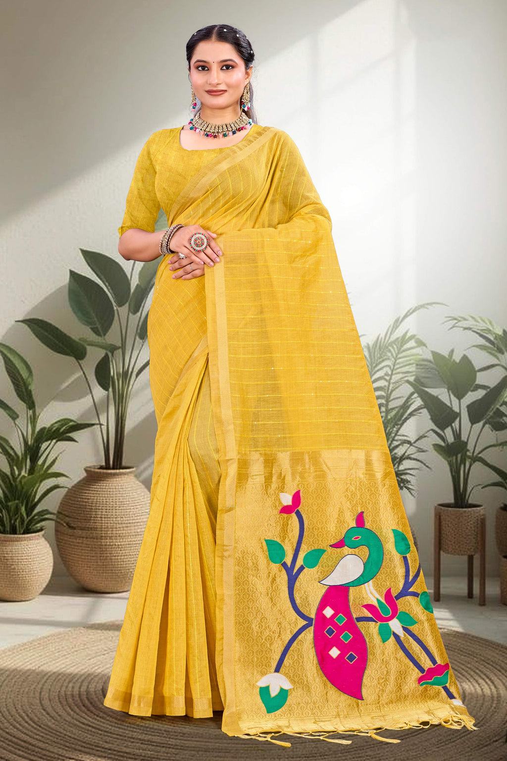 Sangam Prints Mustard Yellow Cotton Blend Woven Work Traditional Saree | Grocsy