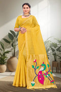 Sangam Prints Mustard Yellow Cotton Blend Woven Work Traditional Saree | Grocsy