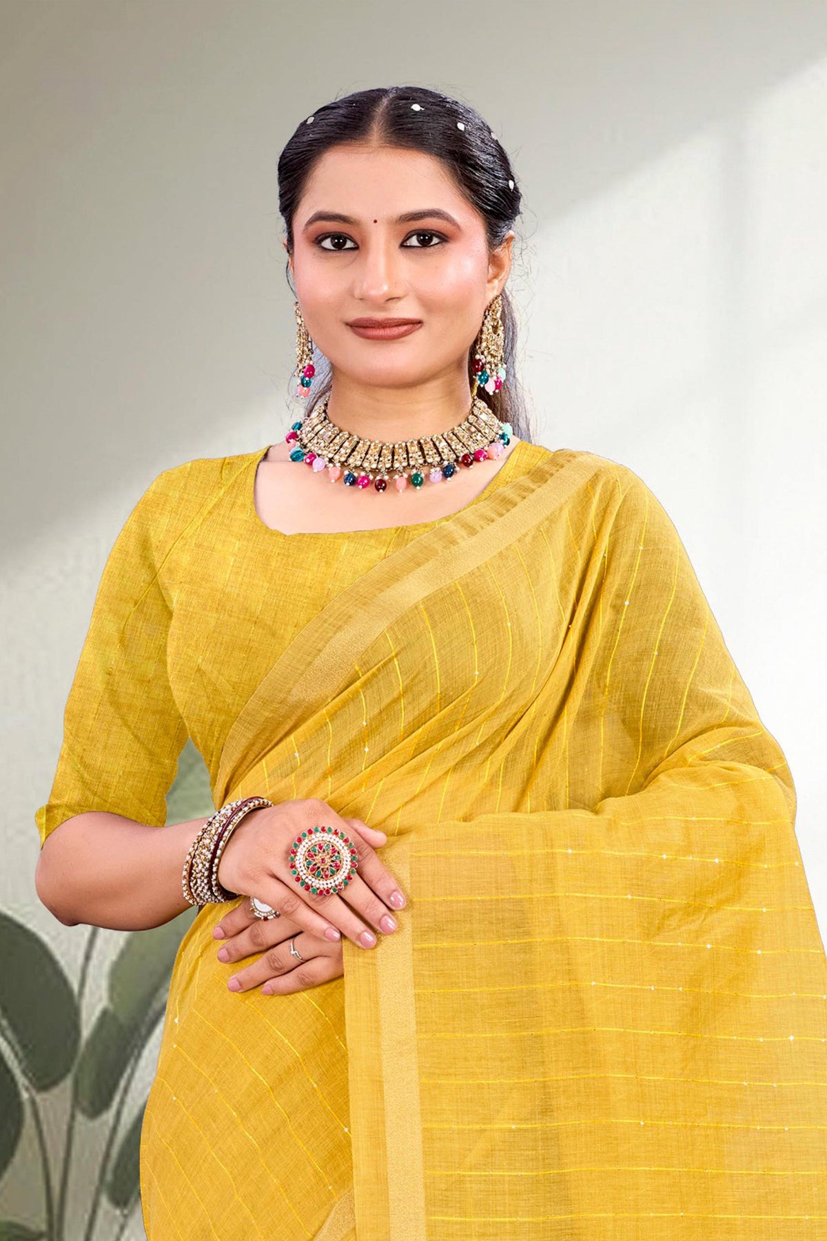 Sangam Prints Mustard Yellow Cotton Blend Woven Work Traditional Saree | Grocsy
