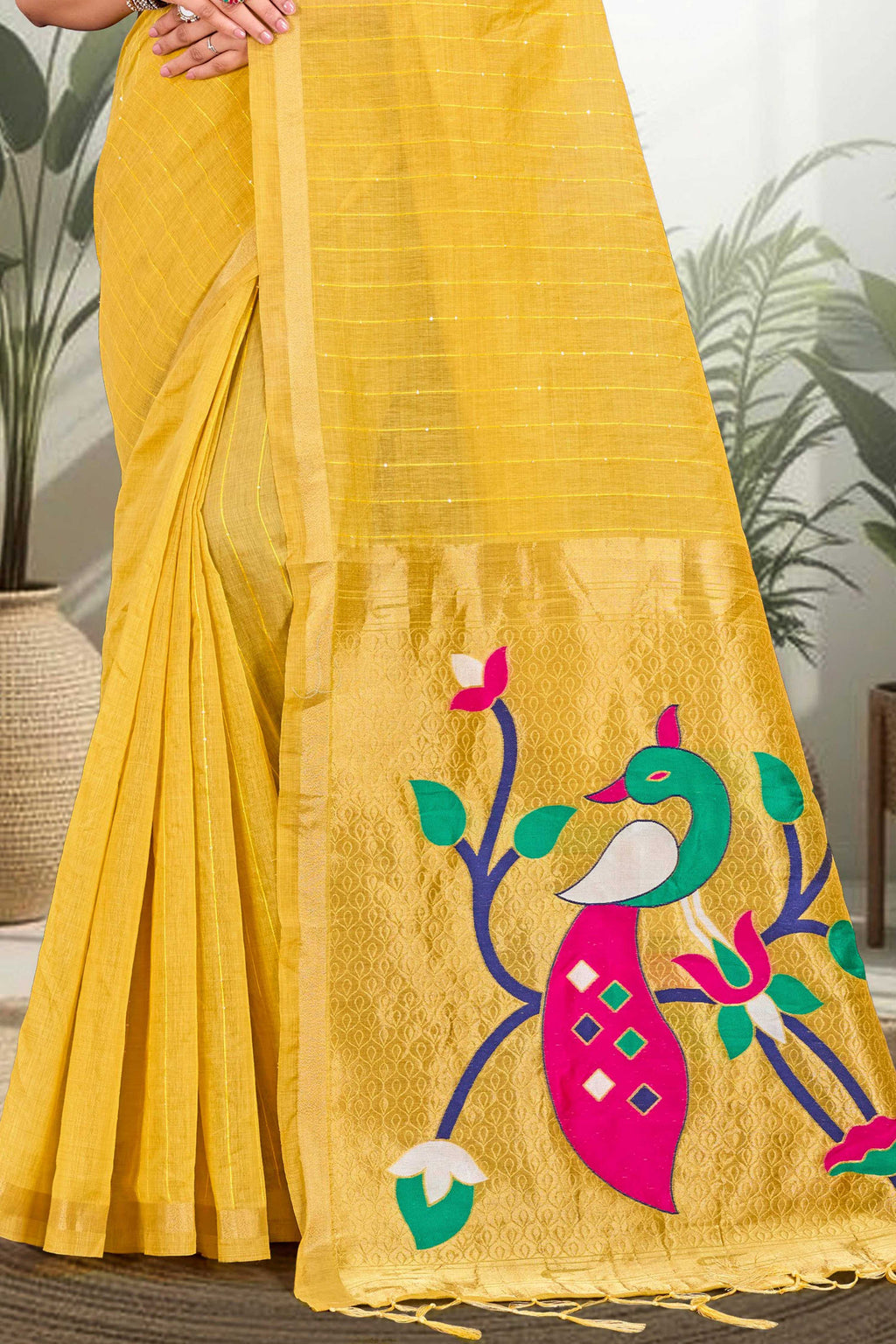 Sangam Prints Mustard Yellow Cotton Blend Woven Work Traditional Saree | Grocsy