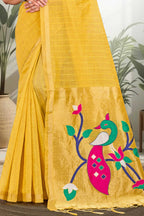 Sangam Prints Mustard Yellow Cotton Blend Woven Work Traditional Saree | Grocsy