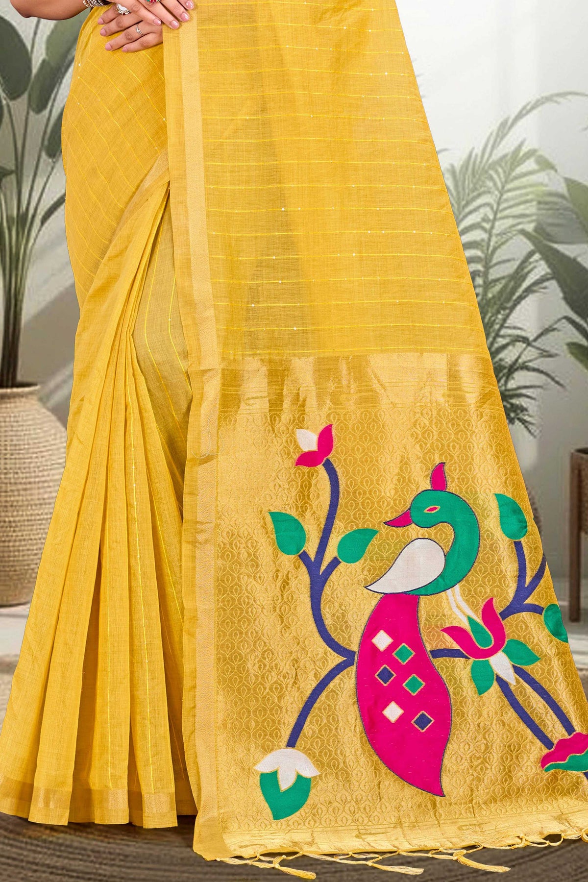Sangam Prints Mustard Yellow Cotton Blend Woven Work Traditional Saree | Grocsy