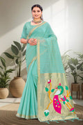 Sangam Prints Aqua Blue Cotton Blend Woven Work Traditional Saree | Grocsy