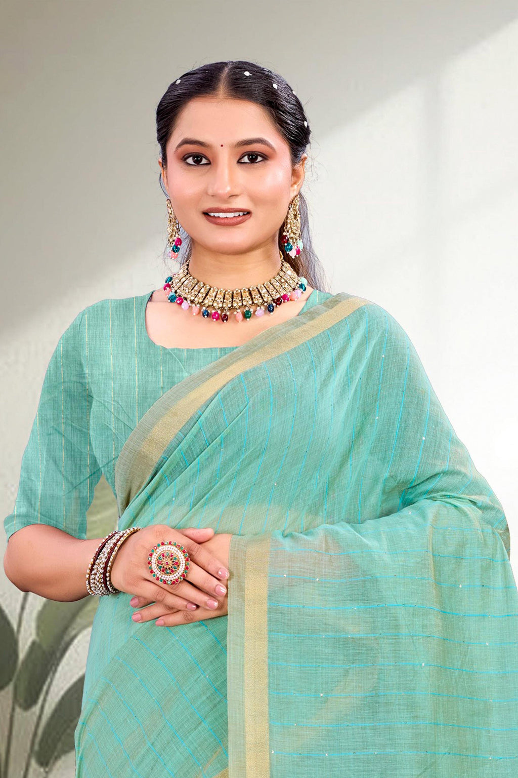 Sangam Prints Aqua Blue Cotton Blend Woven Work Traditional Saree | Grocsy