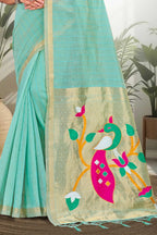 Sangam Prints Aqua Blue Cotton Blend Woven Work Traditional Saree | Grocsy