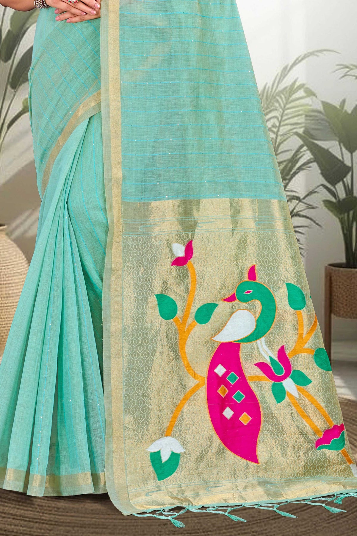 Sangam Prints Aqua Blue Cotton Blend Woven Work Traditional Saree | Grocsy