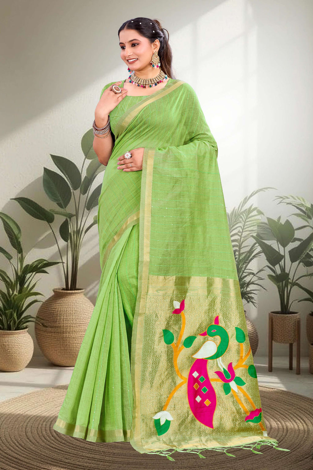 Sangam Prints Parrot Green Cotton Blend Woven Work Traditional Saree | Grocsy