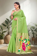 Sangam Prints Parrot Green Cotton Blend Woven Work Traditional Saree | Grocsy