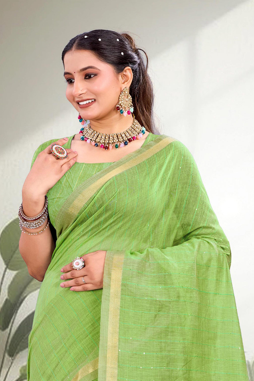 Sangam Prints Parrot Green Cotton Blend Woven Work Traditional Saree | Grocsy