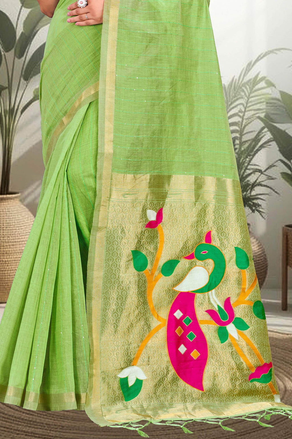 Sangam Prints Parrot Green Cotton Blend Woven Work Traditional Saree | Grocsy