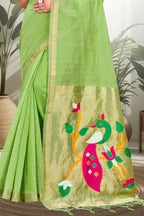 Sangam Prints Parrot Green Cotton Blend Woven Work Traditional Saree | Grocsy