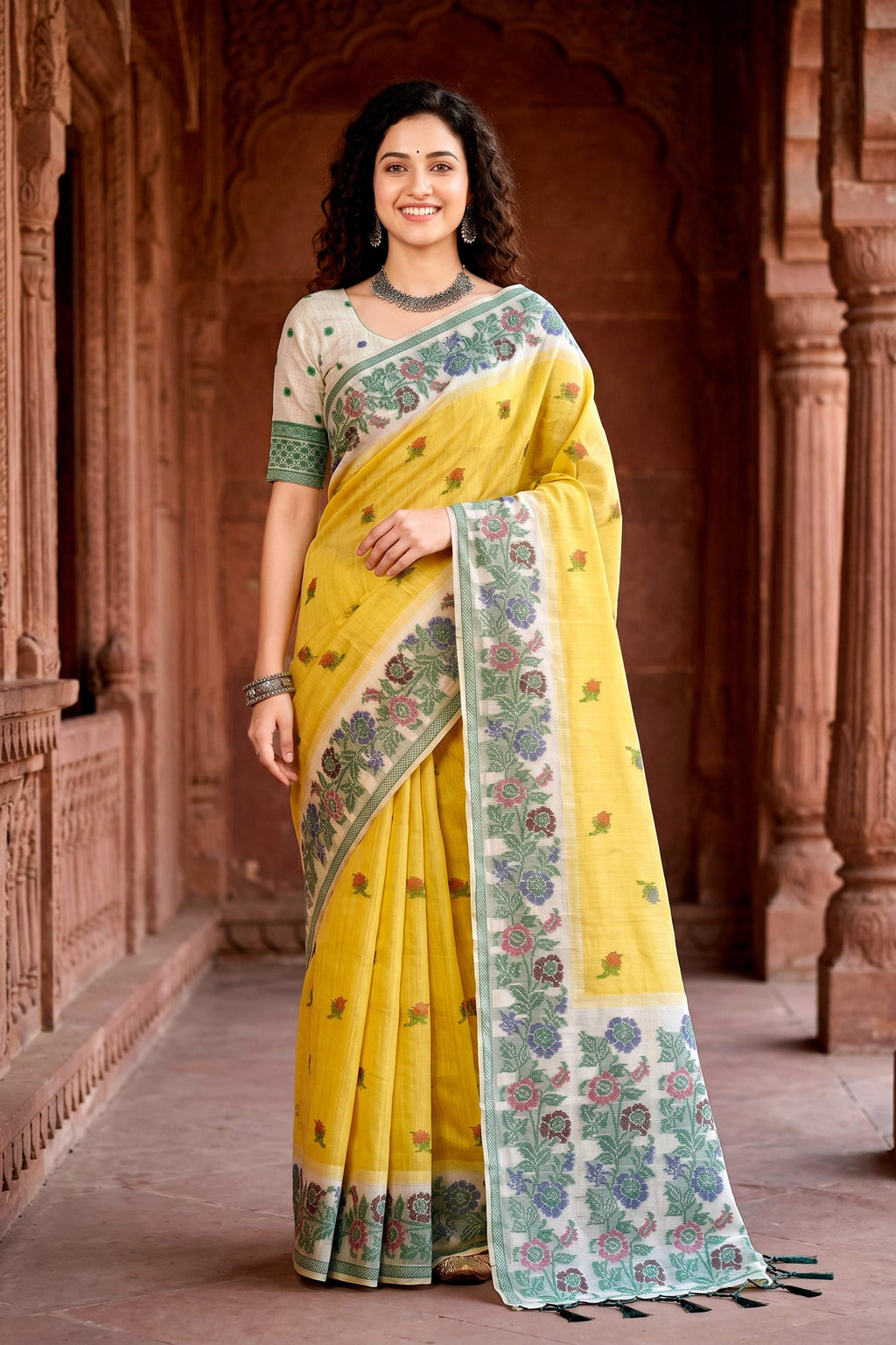 Sangam Prints Haldi Yellow Cotton Blend Woven Work Traditional Saree | Grocsy