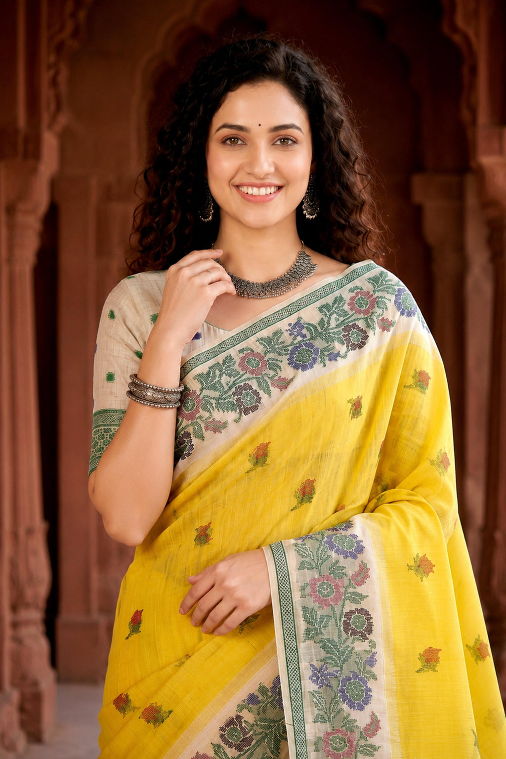 Sangam Prints Haldi Yellow Cotton Blend Woven Work Traditional Saree | Grocsy