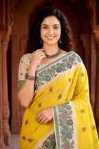 Sangam Prints Haldi Yellow Cotton Blend Woven Work Traditional Saree | Grocsy