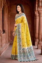 Sangam Prints Haldi Yellow Cotton Blend Woven Work Traditional Saree | Grocsy