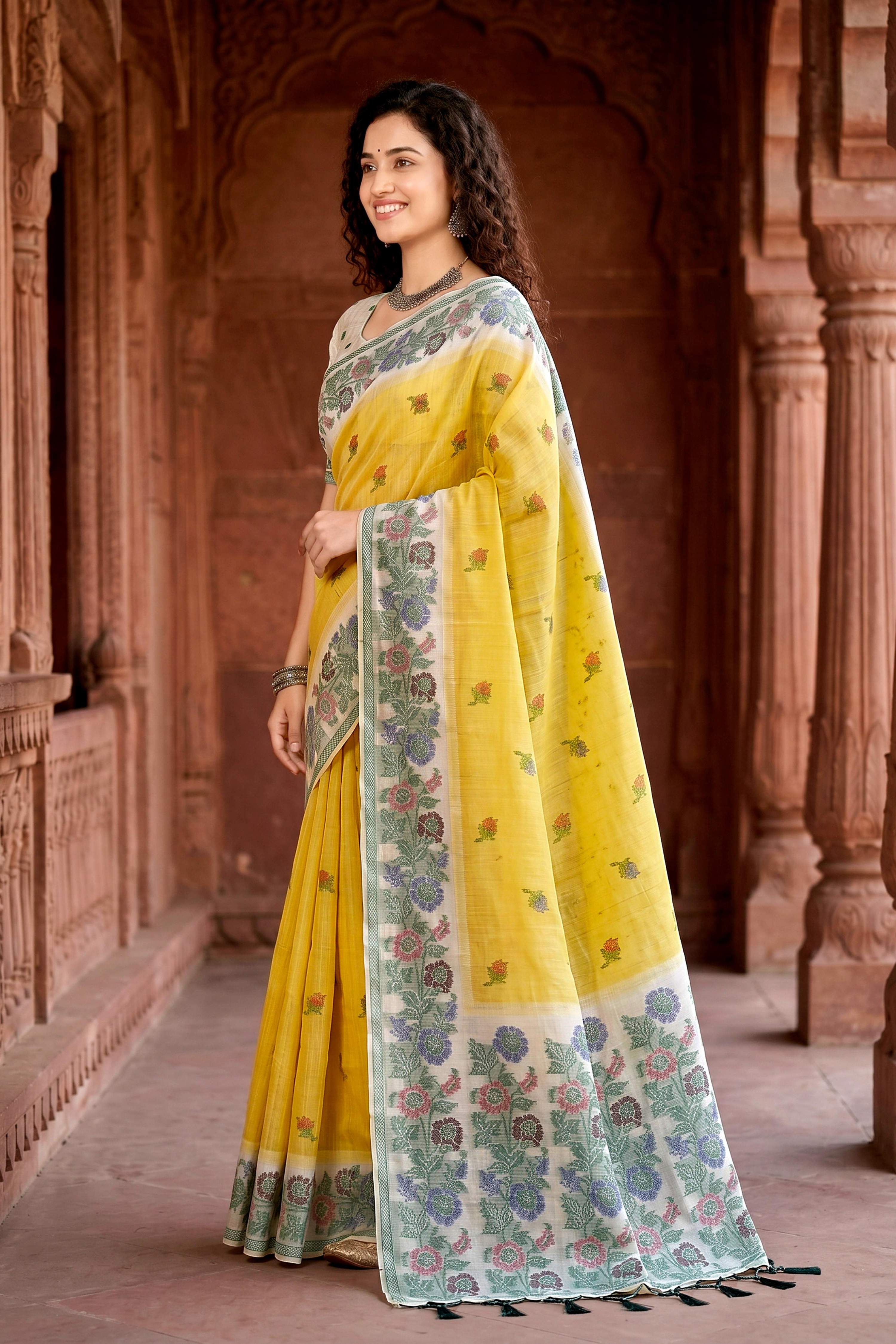 Sangam Prints Haldi Yellow Cotton Blend Woven Work Traditional Saree | Grocsy