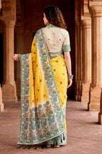 Sangam Prints Haldi Yellow Cotton Blend Woven Work Traditional Saree | Grocsy