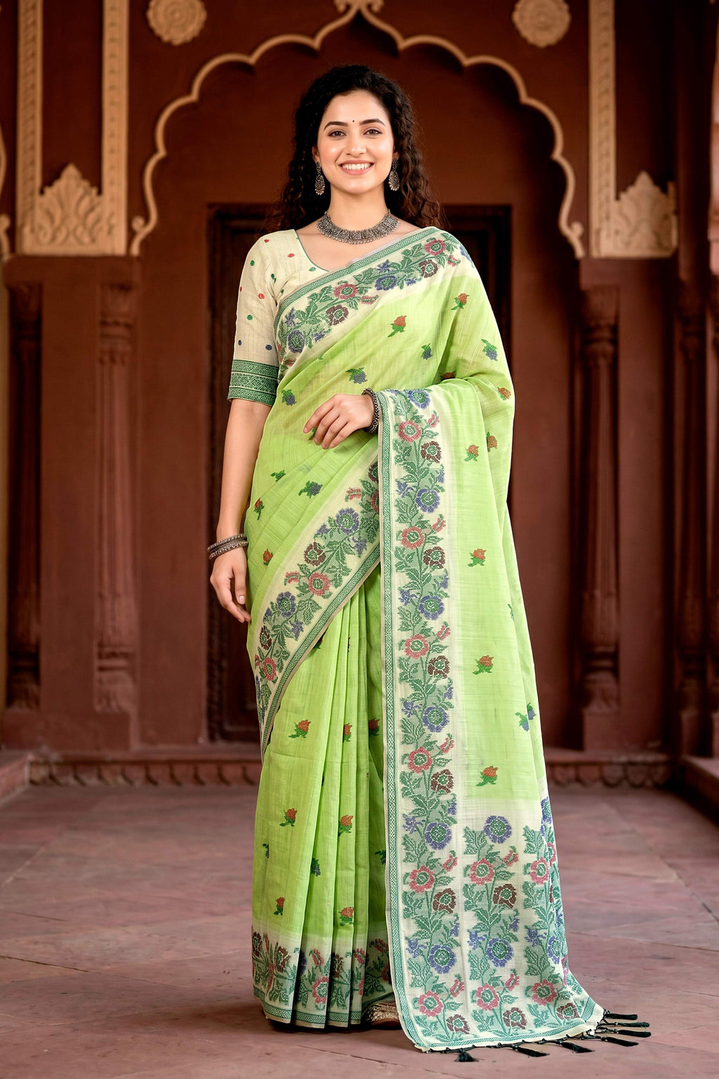 Sangam Prints Pista Green Cotton Blend Woven Work Traditional Saree | Grocsy