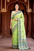 Sangam Prints Pista Green Cotton Blend Woven Work Traditional Saree | Grocsy