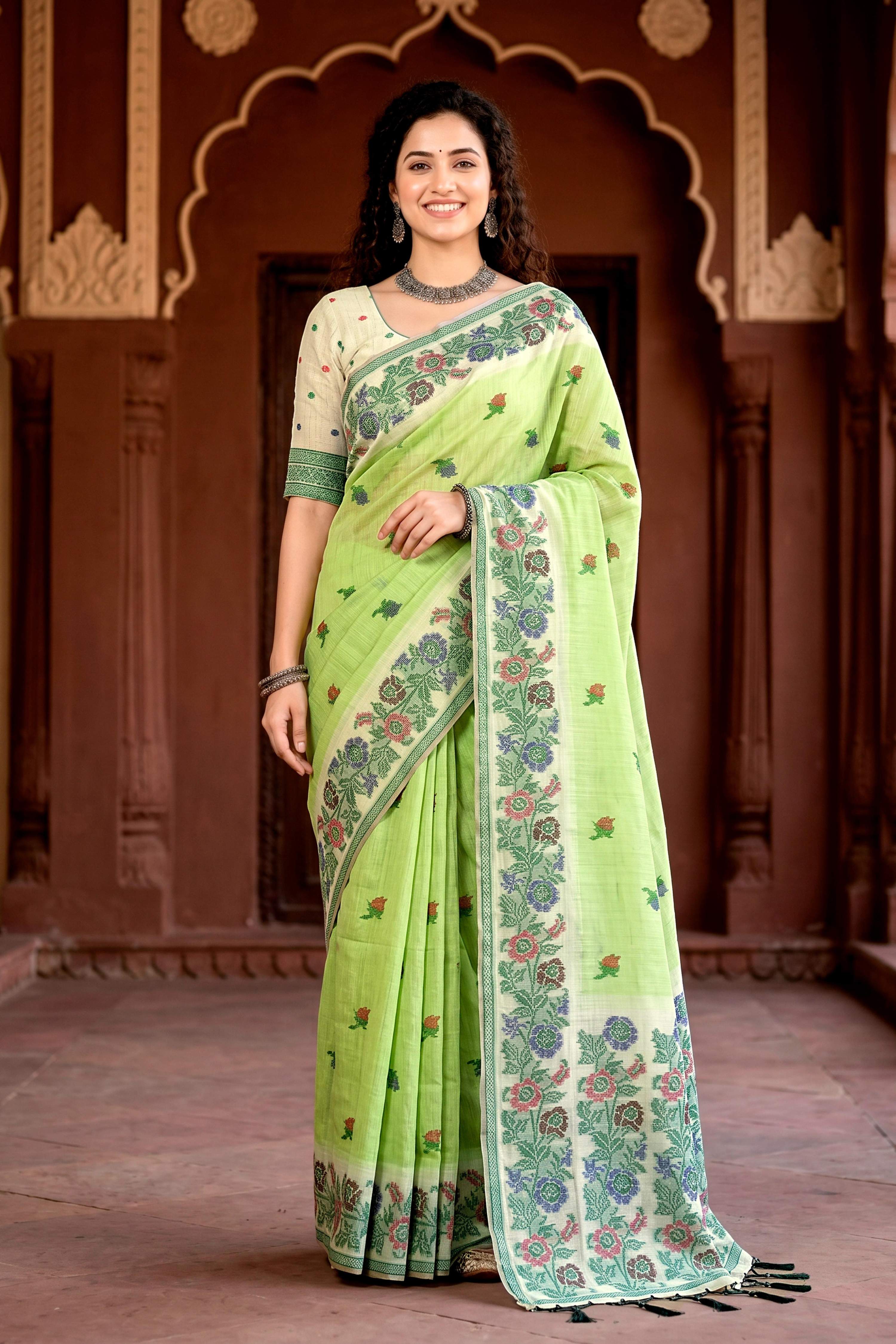 Sangam Prints Pista Green Cotton Blend Woven Work Traditional Saree | Grocsy