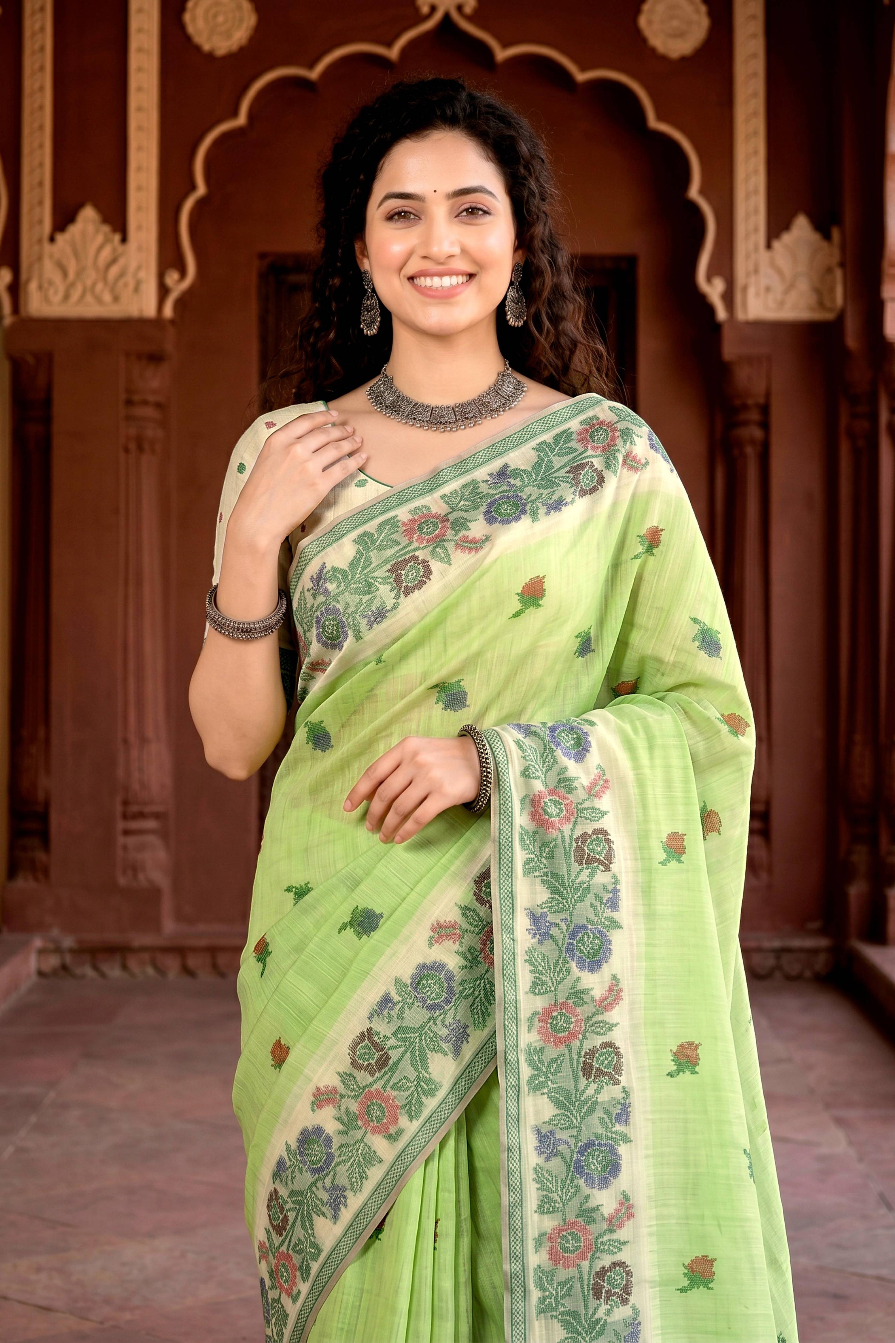 Sangam Prints Pista Green Cotton Blend Woven Work Traditional Saree | Grocsy