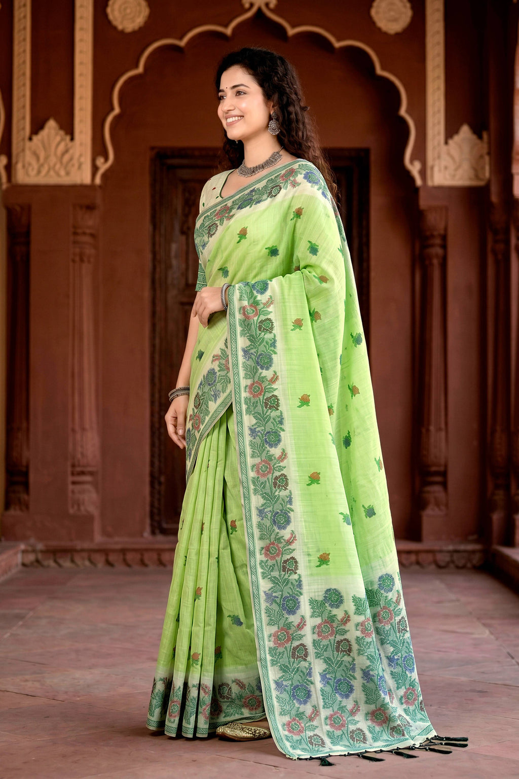 Sangam Prints Pista Green Cotton Blend Woven Work Traditional Saree | Grocsy