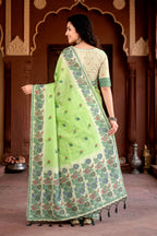 Sangam Prints Pista Green Cotton Blend Woven Work Traditional Saree | Grocsy