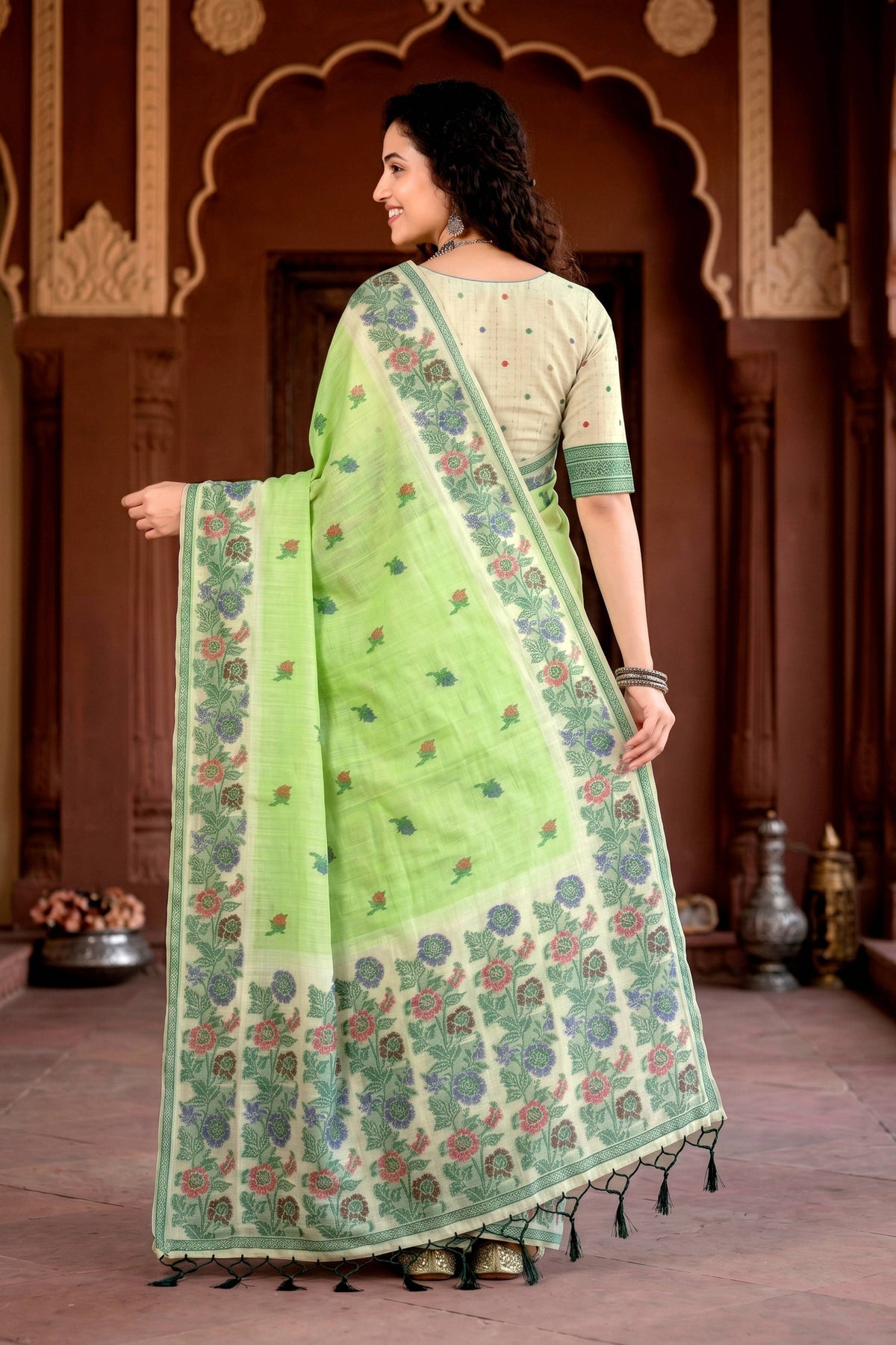 Sangam Prints Pista Green Cotton Blend Woven Work Traditional Saree | Grocsy