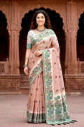 Sangam Prints Dusty Peach Cotton Blend Woven Work Traditional Saree | Grocsy