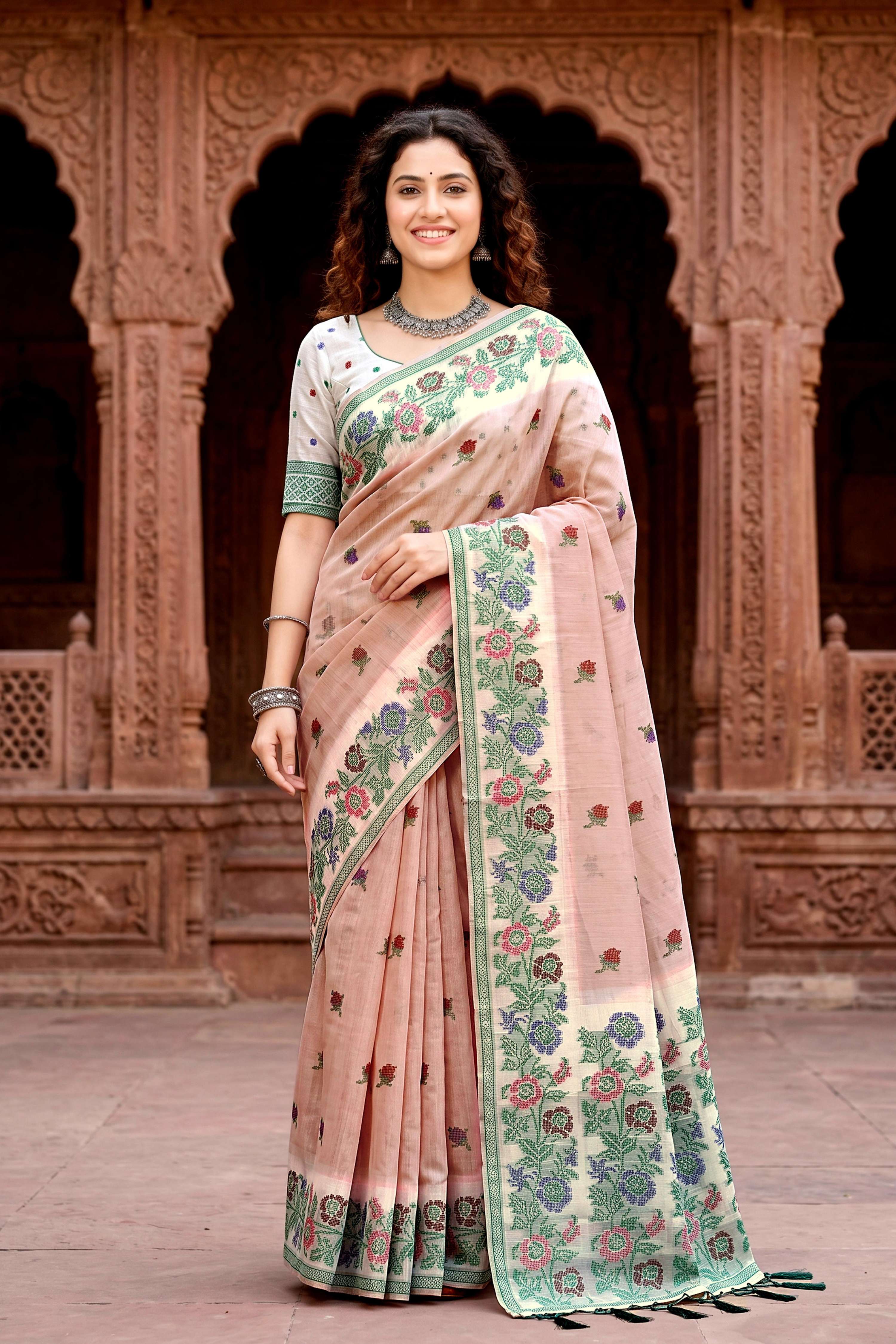 Sangam Prints Dusty Peach Cotton Blend Woven Work Traditional Saree | Grocsy