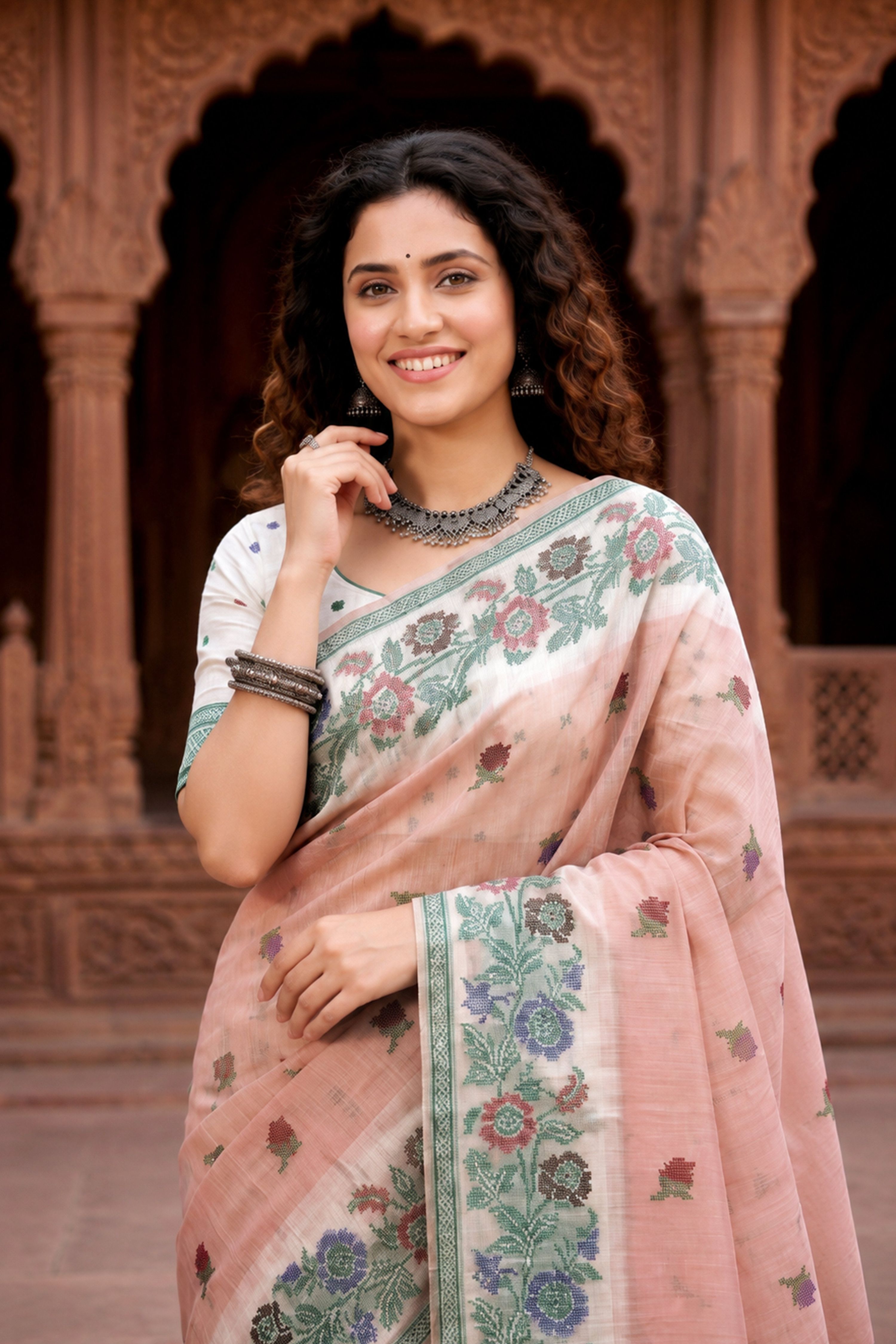 Sangam Prints Dusty Peach Cotton Blend Woven Work Traditional Saree | Grocsy