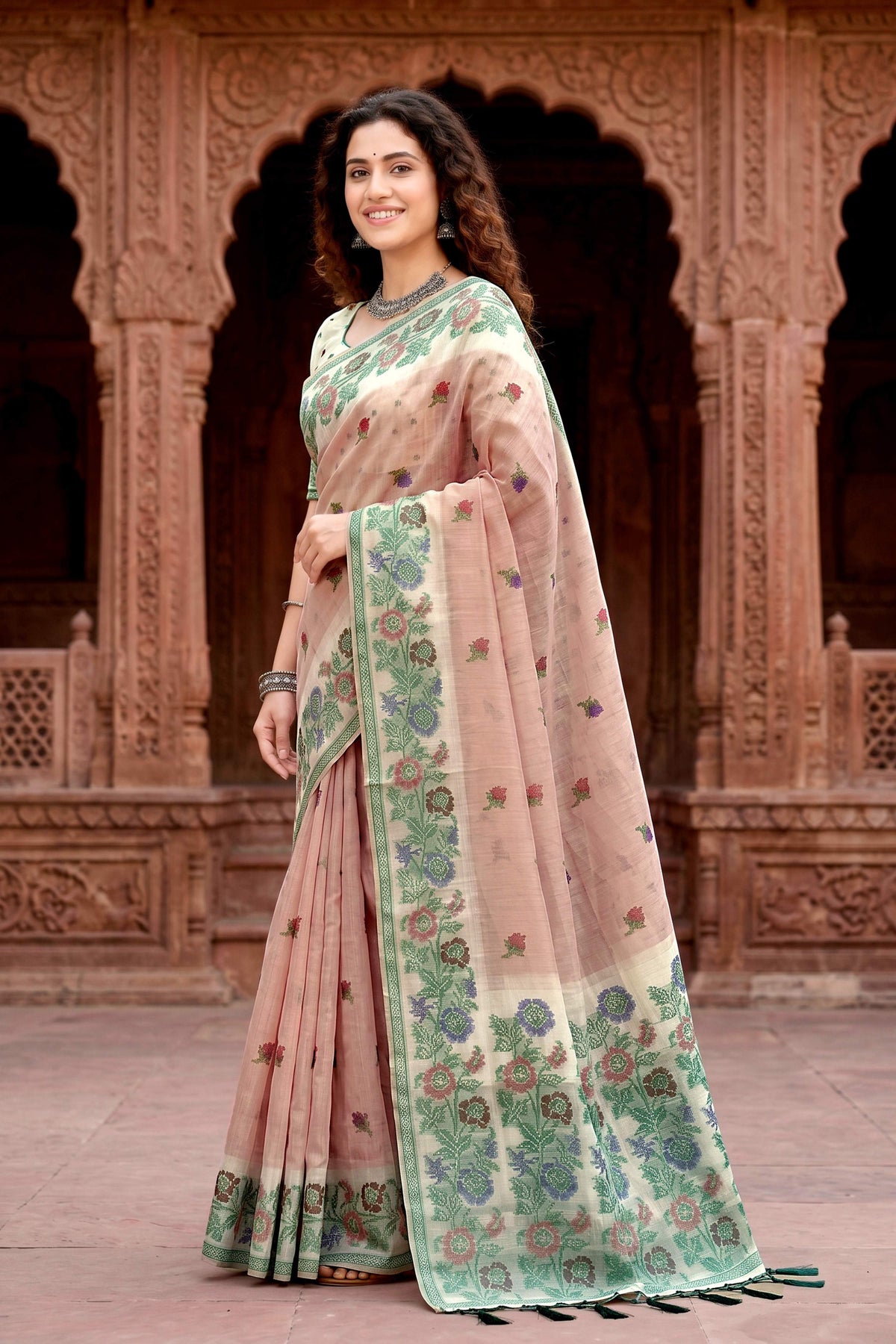 Sangam Prints Dusty Peach Cotton Blend Woven Work Traditional Saree | Grocsy