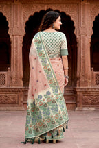 Sangam Prints Dusty Peach Cotton Blend Woven Work Traditional Saree | Grocsy